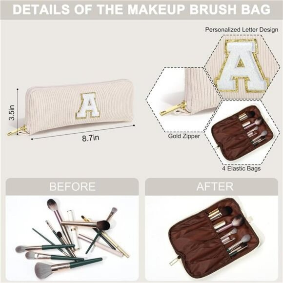 Corduroy Initial Makeup Bag Set Travel Cosmetic Organizer Gift for Teen Girls - Picture 3 of 7